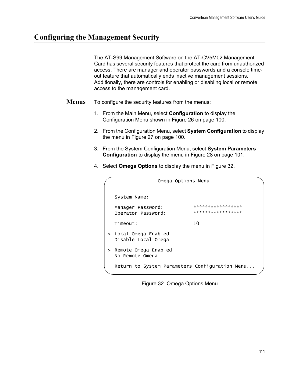 Configuring the management security, Menus, Figure 33. omega options menu | Allied Telesis AT-S102 User Manual | Page 111 / 374