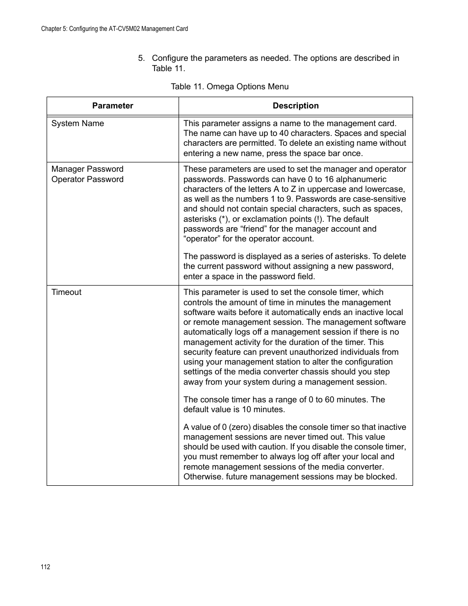 Table 12. omega options menu | Allied Telesis AT-S102 User Manual | Page 112 / 374