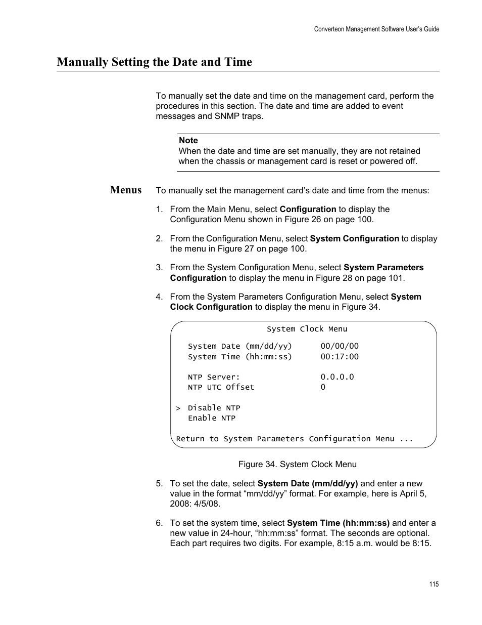 Manually setting the date and time, Menus, Figure 35. system clock menu | Allied Telesis AT-S102 User Manual | Page 115 / 374