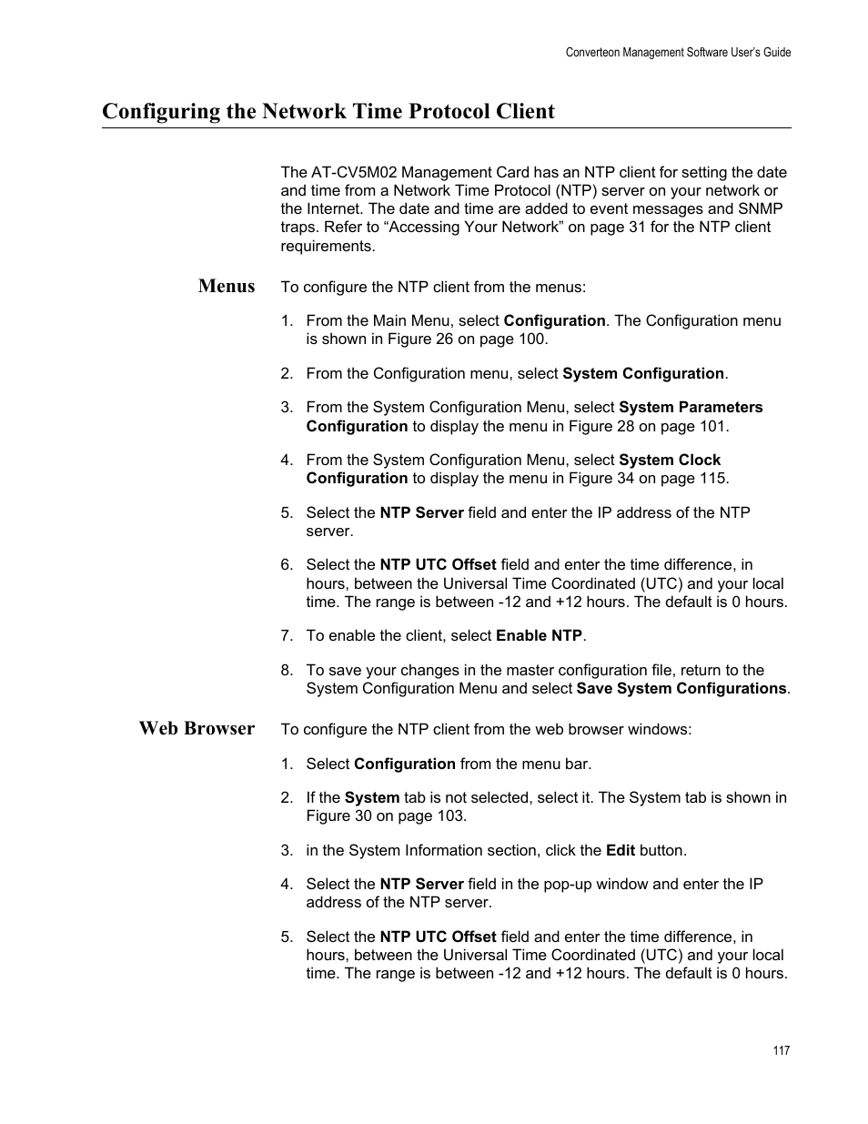 Configuring the network time protocol client, Menus, Web browser | Menus web browser | Allied Telesis AT-S102 User Manual | Page 117 / 374