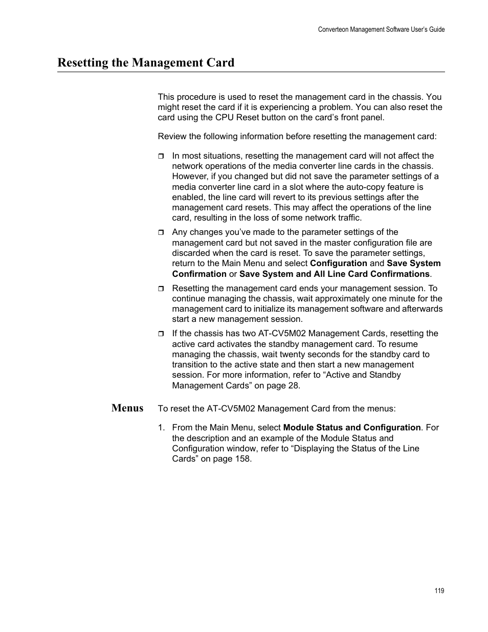 Resetting the management card, Menus | Allied Telesis AT-S102 User Manual | Page 119 / 374