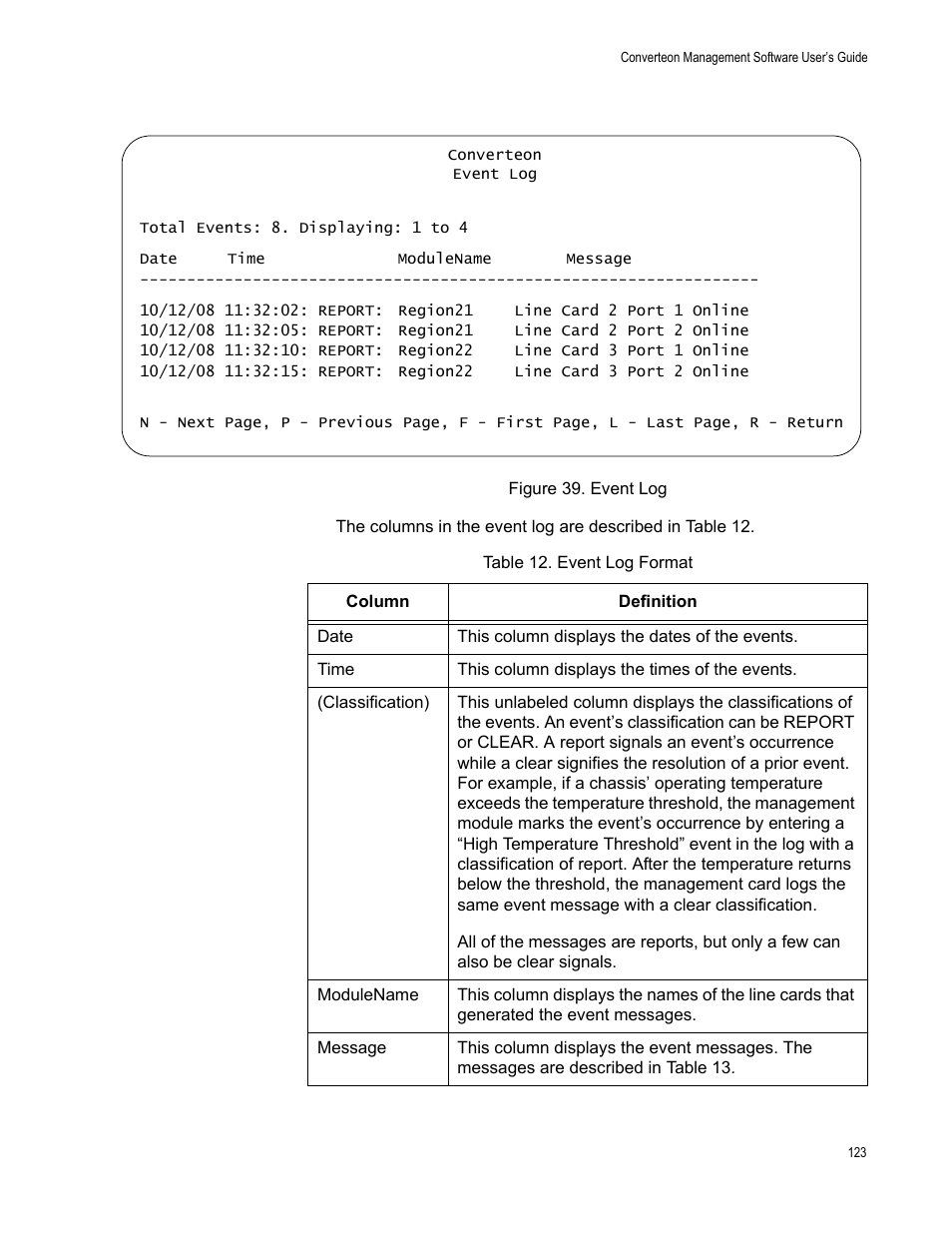 Figure 40. event log, Table 13. event log format, Is shown in figure 39. the messa | Allied Telesis AT-S102 User Manual | Page 123 / 374
