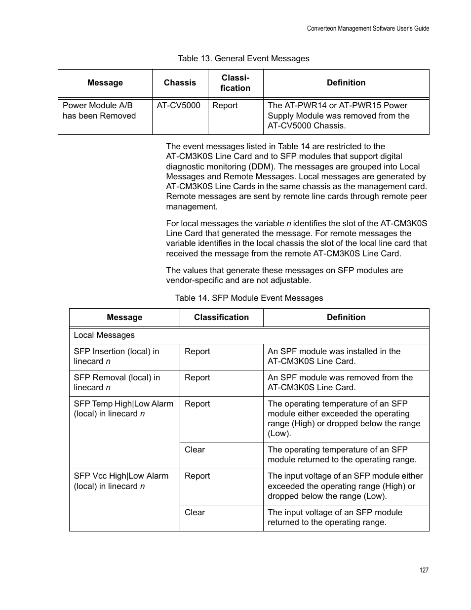 Table 15. sfp module event messages | Allied Telesis AT-S102 User Manual | Page 127 / 374