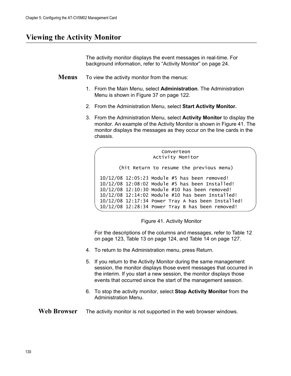 Viewing the activity monitor, Menus, Web browser | Menus web browser, Figure 42. activity monitor | Allied Telesis AT-S102 User Manual | Page 130 / 374