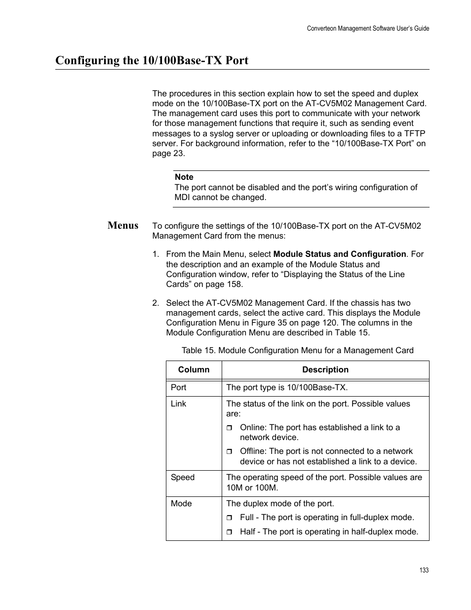 Configuring the 10/100base-tx port, Menus | Allied Telesis AT-S102 User Manual | Page 133 / 374