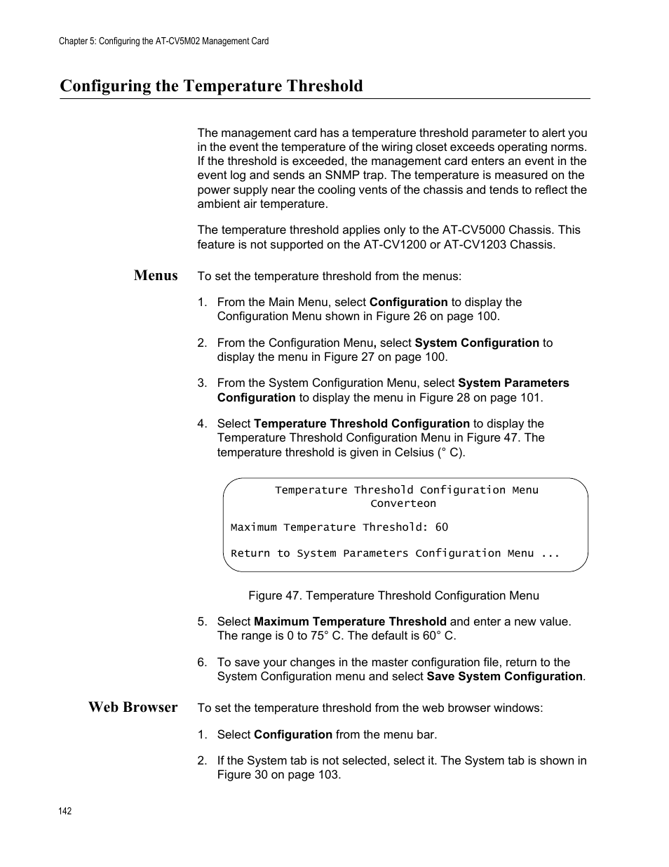 Configuring the temperature threshold, Menus, Web browser | Menus web browser | Allied Telesis AT-S102 User Manual | Page 142 / 374
