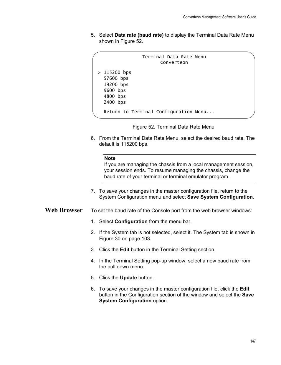 Web browser, Figure 53. terminal data rate menu | Allied Telesis AT-S102 User Manual | Page 147 / 374