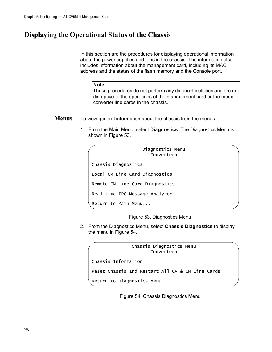 Displaying the operational status of the chassis, Menus | Allied Telesis AT-S102 User Manual | Page 148 / 374