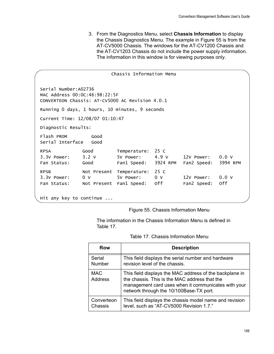 Figure 56. chassis information menu, Table 18. chassis information menu | Allied Telesis AT-S102 User Manual | Page 149 / 374