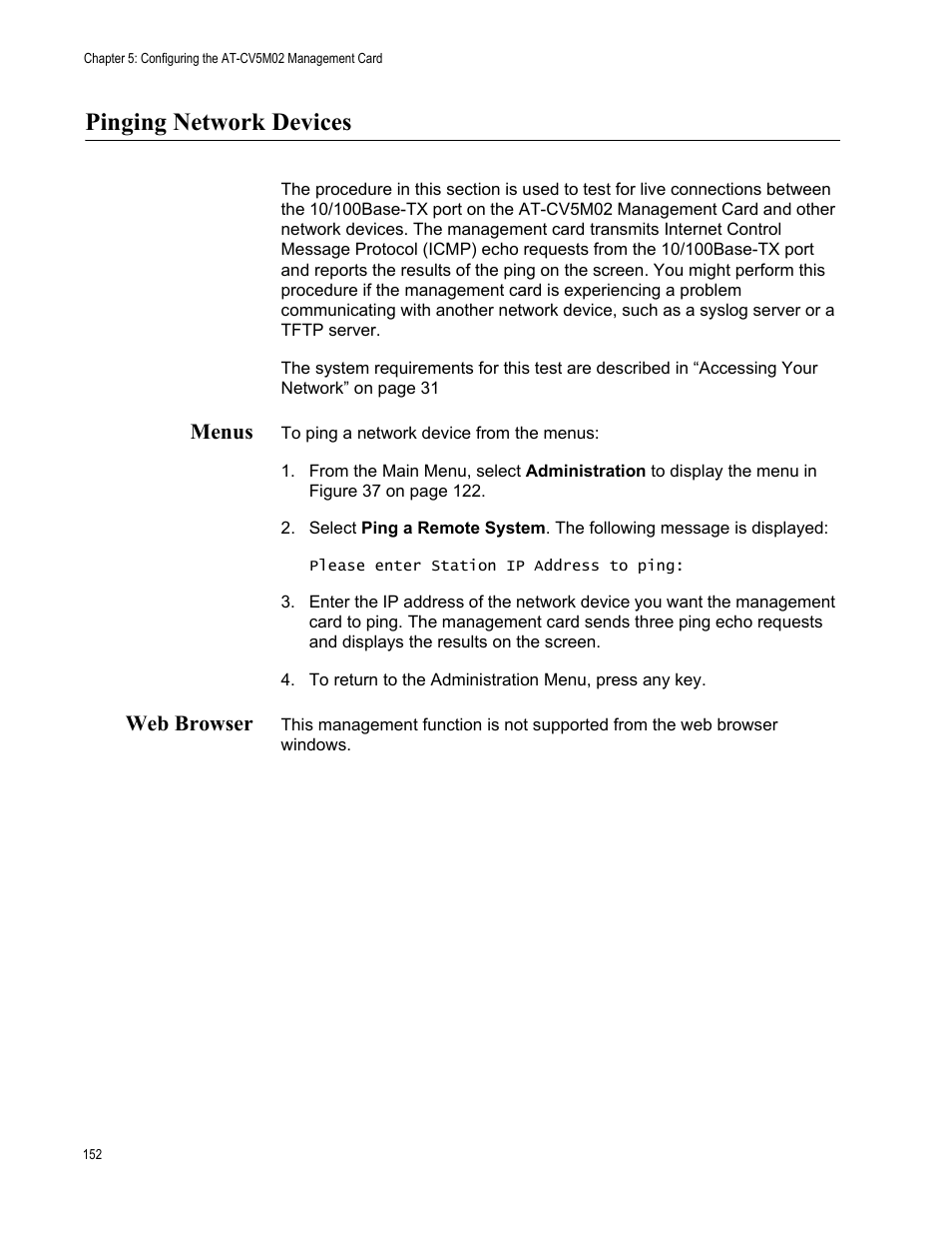 Pinging network devices, Menus, Web browser | Menus web browser | Allied Telesis AT-S102 User Manual | Page 152 / 374