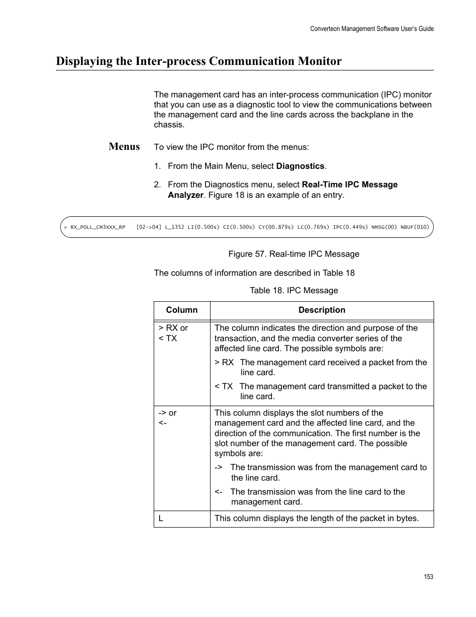 Displaying the inter-process communication monitor, Menus, Figure 58. real-time ipc message | Table 19. ipc message | Allied Telesis AT-S102 User Manual | Page 153 / 374