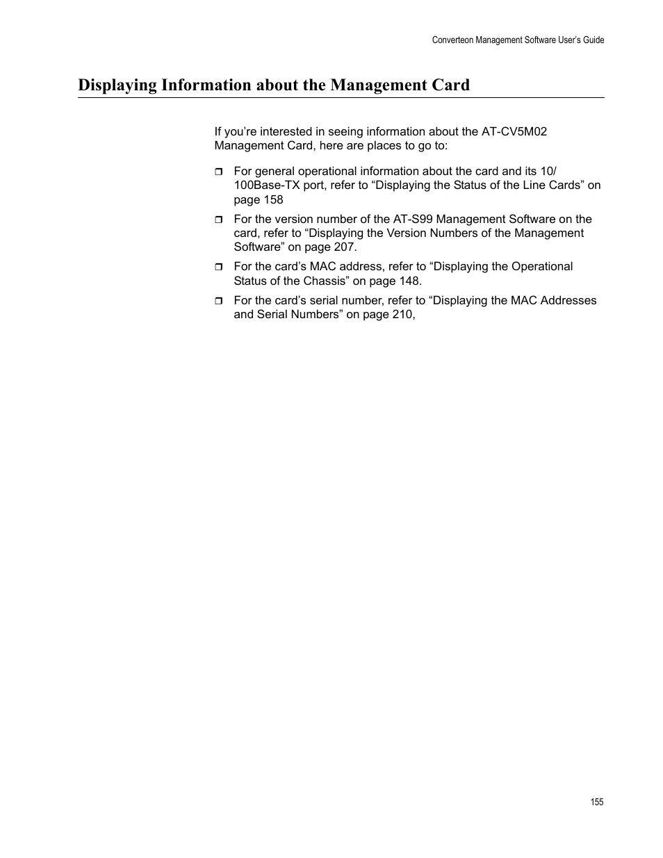 Displaying information about the management card | Allied Telesis AT-S102 User Manual | Page 155 / 374
