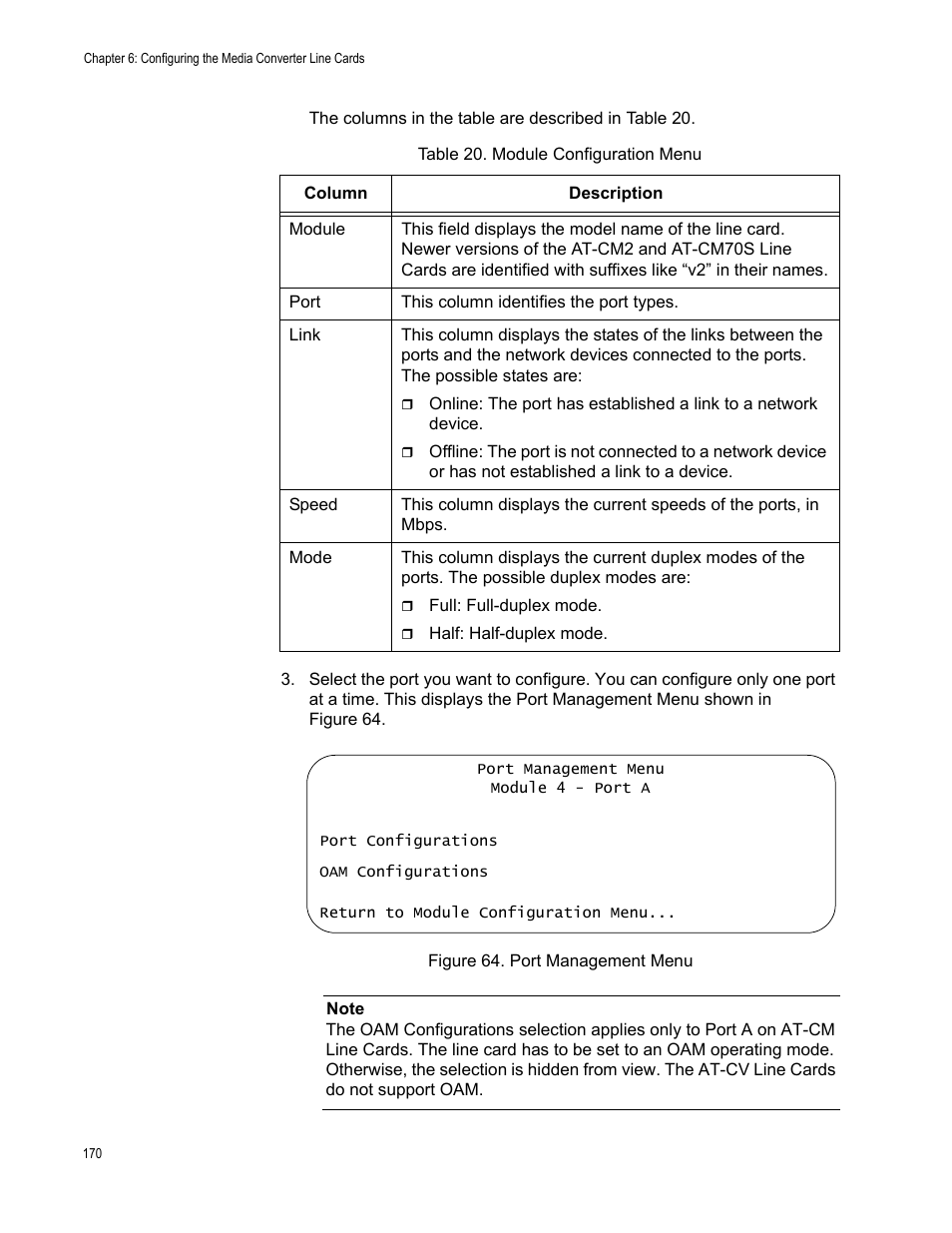 Figure 65. port management menu, Table 21. module configuration menu | Allied Telesis AT-S102 User Manual | Page 170 / 374