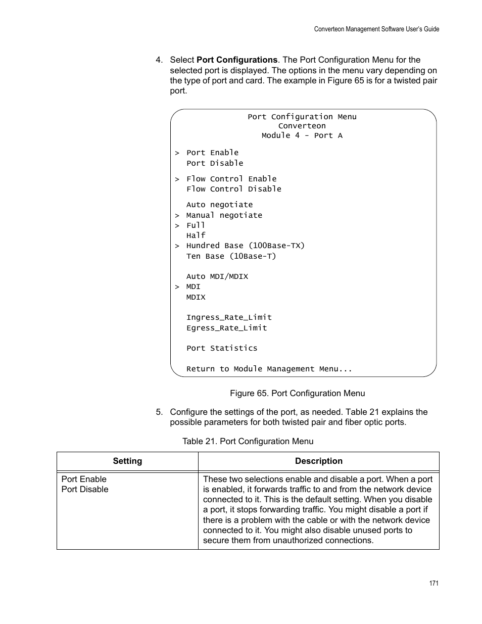 Figure 66. port configuration menu, Table 22. port configuration menu | Allied Telesis AT-S102 User Manual | Page 171 / 374