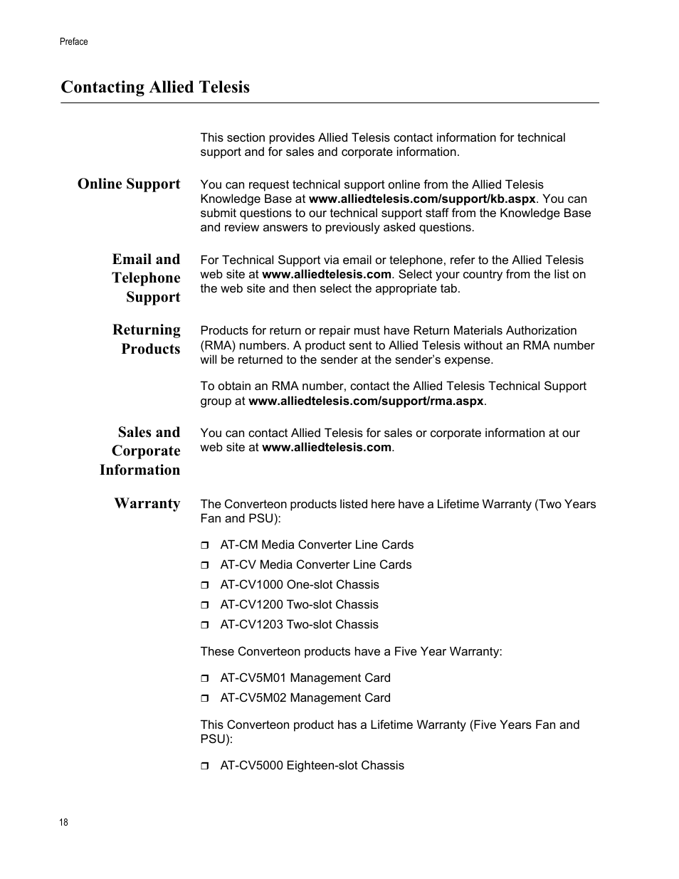 Contacting allied telesis, Online support, Email and telephone support | Returning products, Sales and corporate information, Warranty | Allied Telesis AT-S102 User Manual | Page 18 / 374