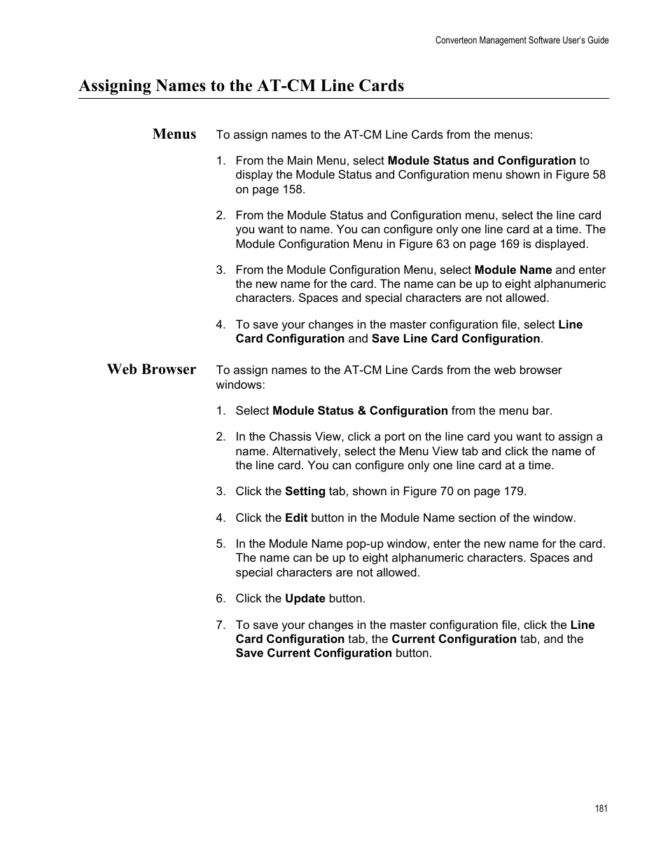 Assigning names to the at-cm line cards, Menus, Web browser | Menus web browser | Allied Telesis AT-S102 User Manual | Page 181 / 374