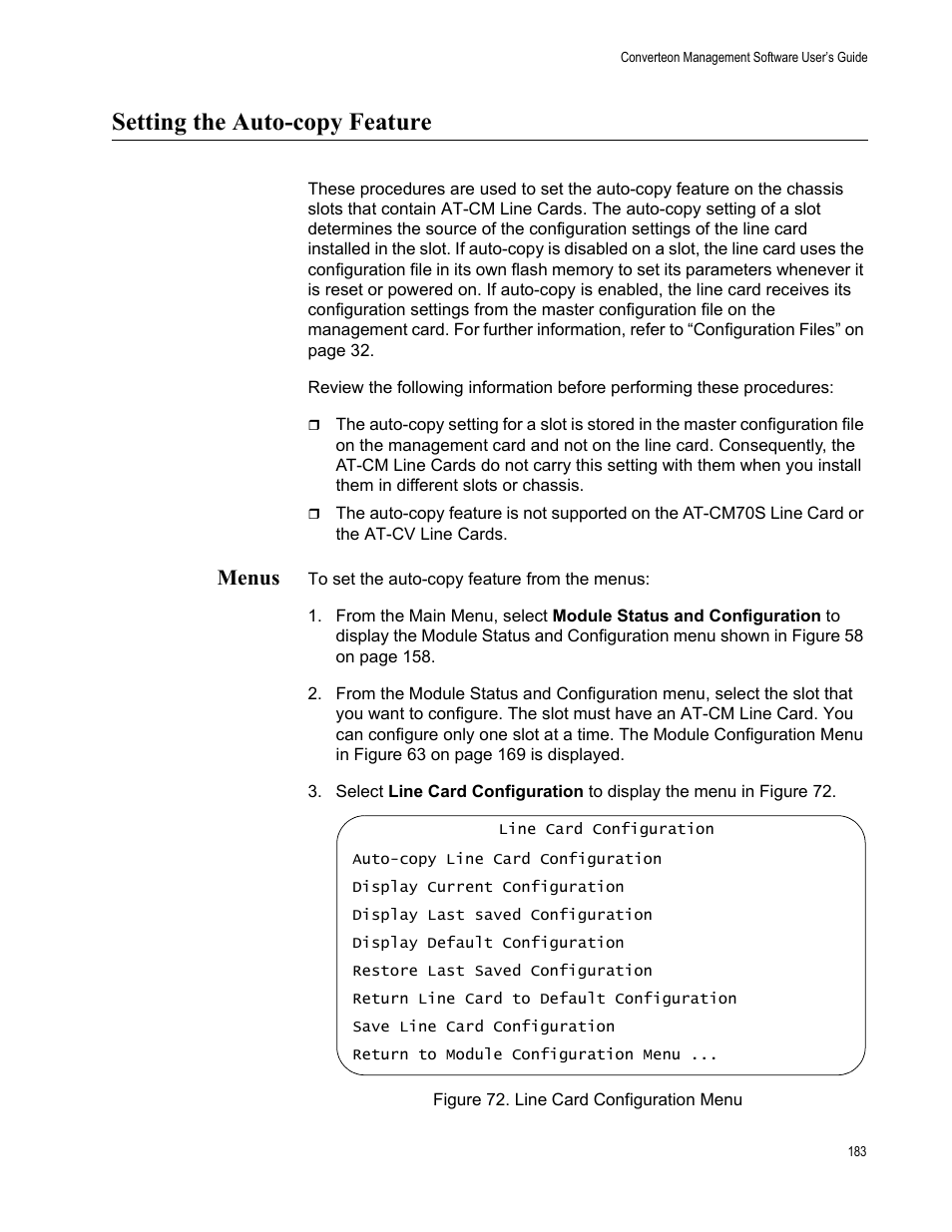 Setting the auto-copy feature, Menus, Figure 73. line card configuration menu | In figure 72 on | Allied Telesis AT-S102 User Manual | Page 183 / 374