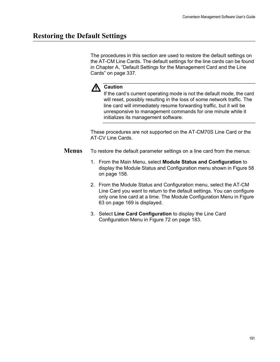 Restoring the default settings, Menus | Allied Telesis AT-S102 User Manual | Page 191 / 374