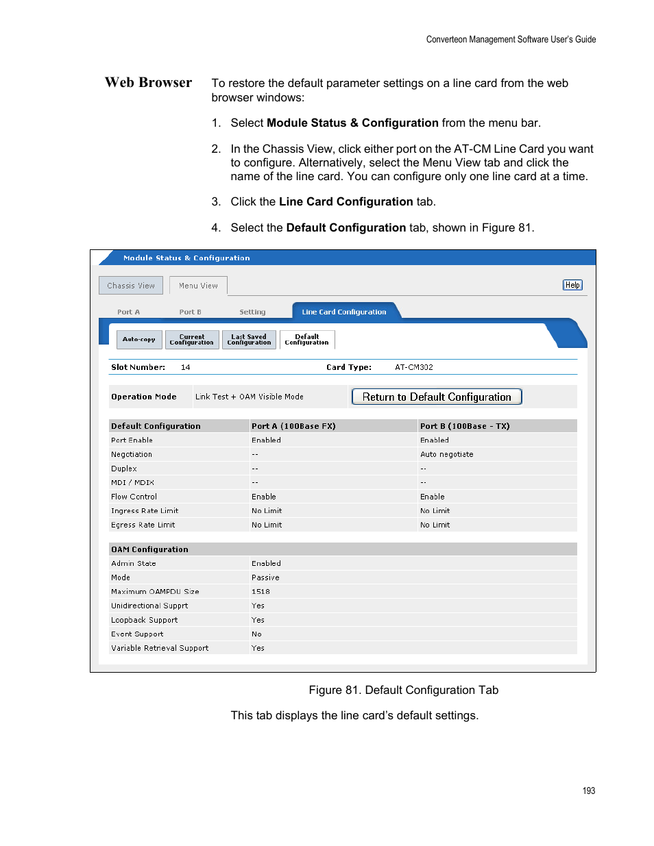 Web browser, Figure 82. default configuration tab | Allied Telesis AT-S102 User Manual | Page 193 / 374