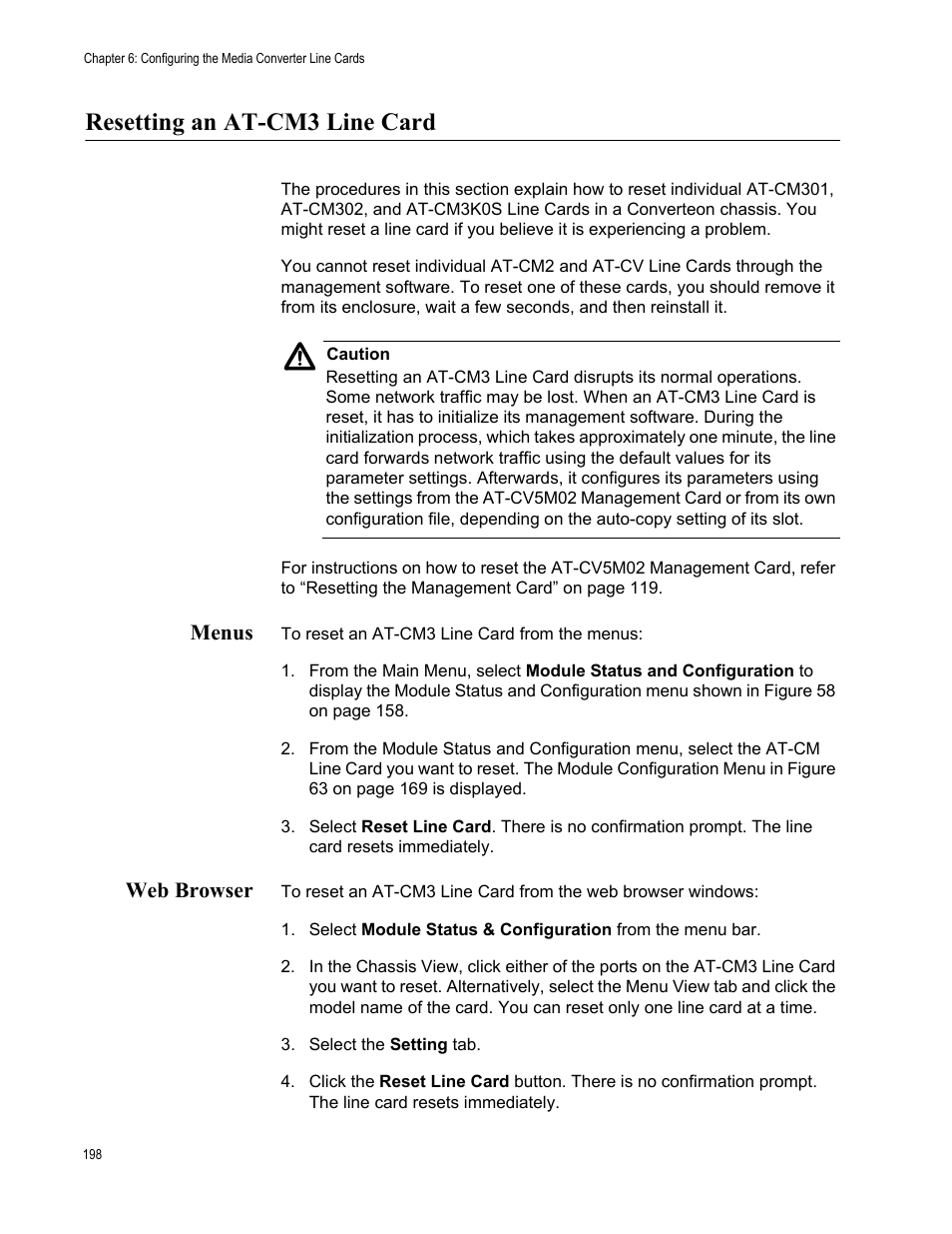 Resetting an at-cm3 line card, Menus, Web browser | Menus web browser | Allied Telesis AT-S102 User Manual | Page 198 / 374