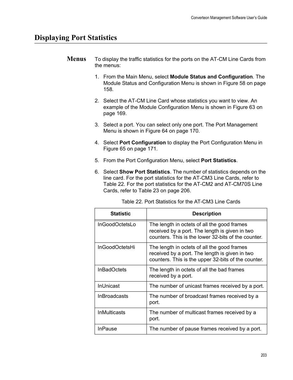 Displaying port statistics, Menus | Allied Telesis AT-S102 User Manual | Page 203 / 374