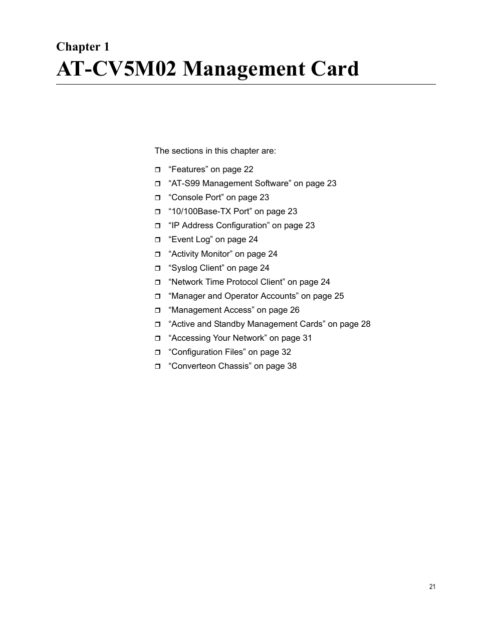Chapter 1, At-cv5m02 management card, Chapter 1: at-cv5m02 management card | Allied Telesis AT-S102 User Manual | Page 21 / 374