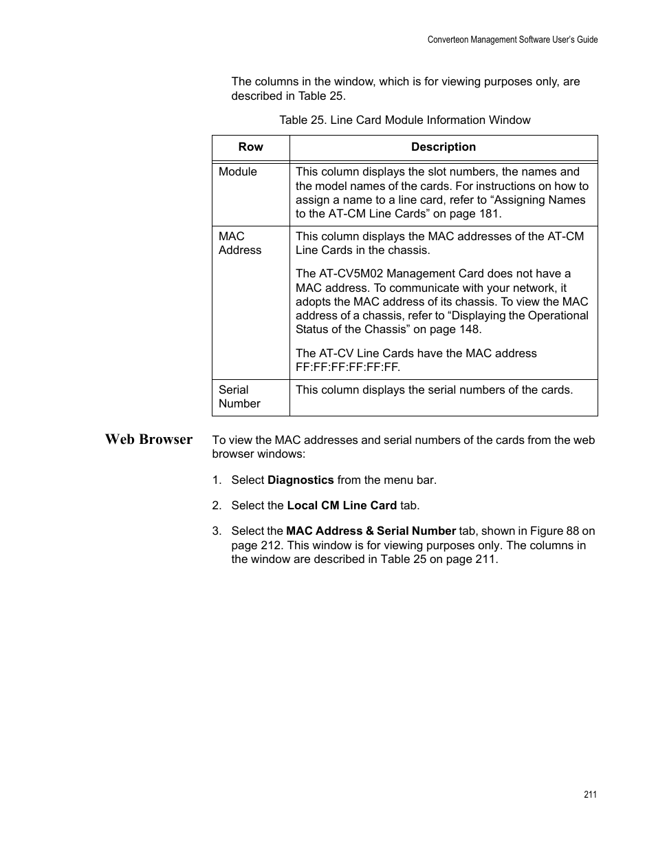 Web browser, Table 26. line card module information window | Allied Telesis AT-S102 User Manual | Page 211 / 374