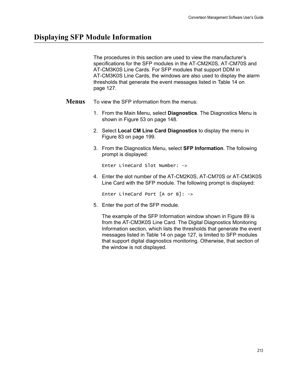 Displaying sfp module information, Menus | Allied Telesis AT-S102 User Manual | Page 213 / 374