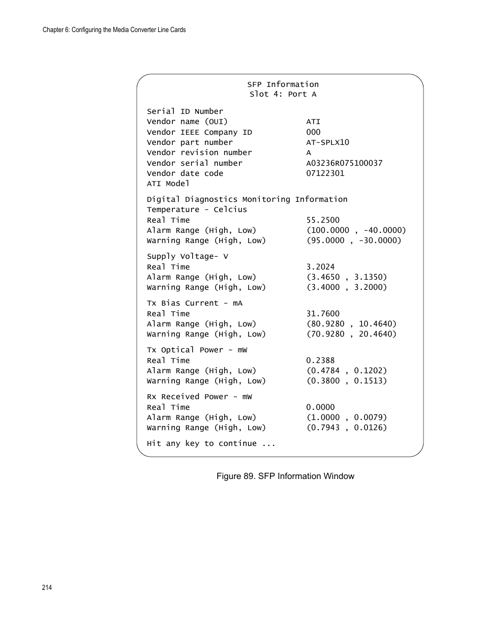 Figure 90. sfp information window, W shown in figure 89 | Allied Telesis AT-S102 User Manual | Page 214 / 374