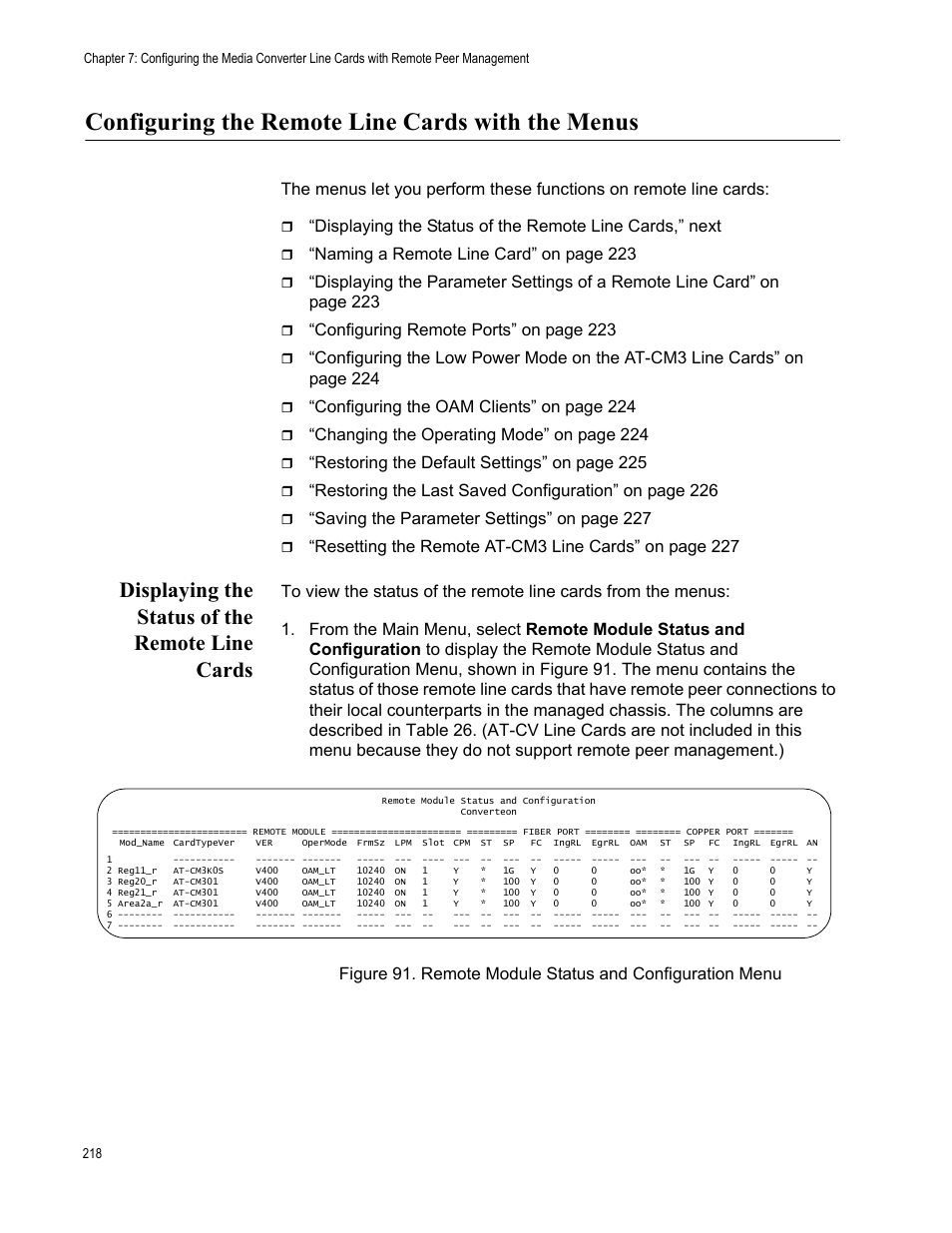 Configuring the remote line cards with the menus, Displaying the status of the remote line cards, Naming a remote line card” on page 223 | Configuring remote ports” on page 223, Configuring the oam clients” on page 224, Changing the operating mode” on page 224, Restoring the default settings” on page 225, Saving the parameter settings” on page 227 | Allied Telesis AT-S102 User Manual | Page 218 / 374
