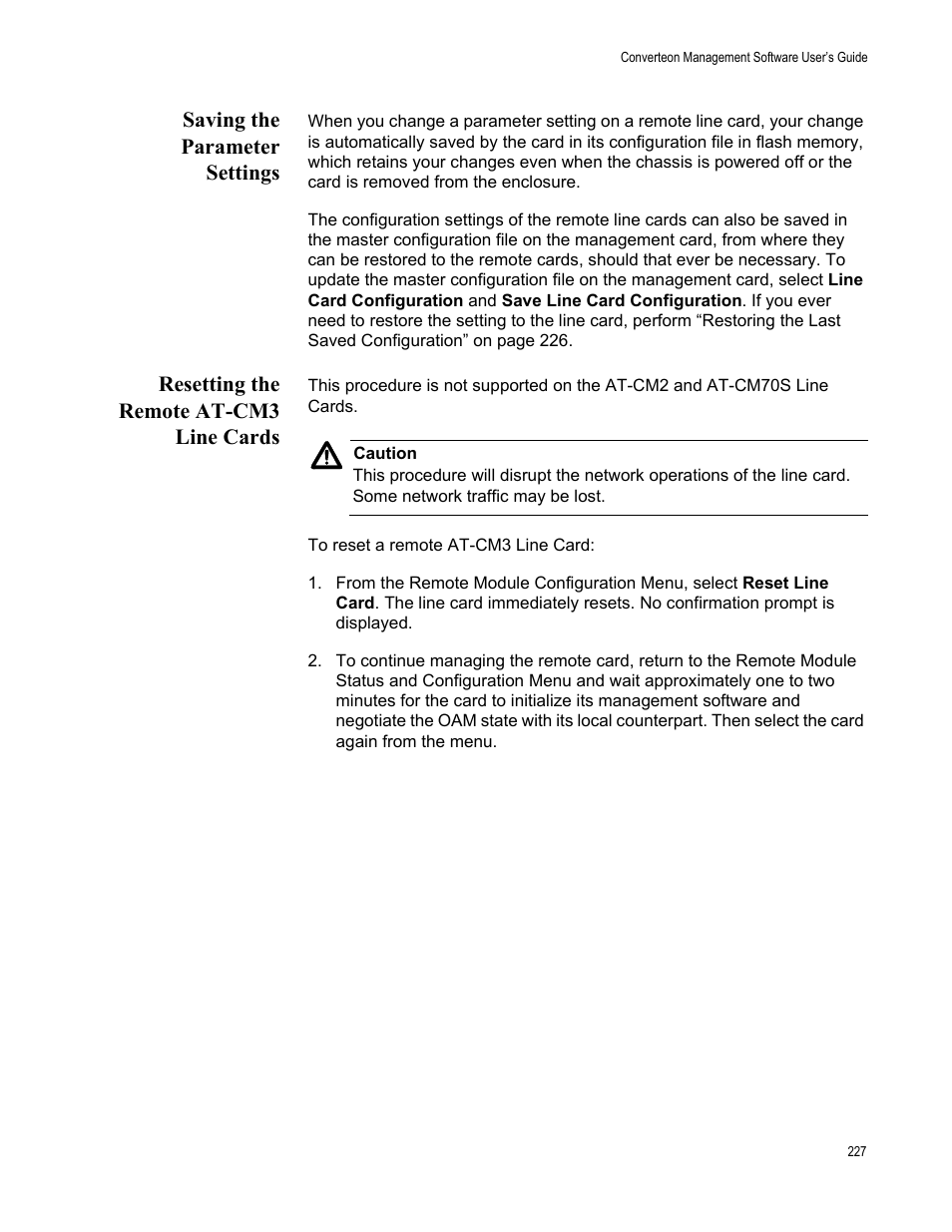 Saving the parameter settings, Resetting the remote at-cm3 line cards | Allied Telesis AT-S102 User Manual | Page 227 / 374