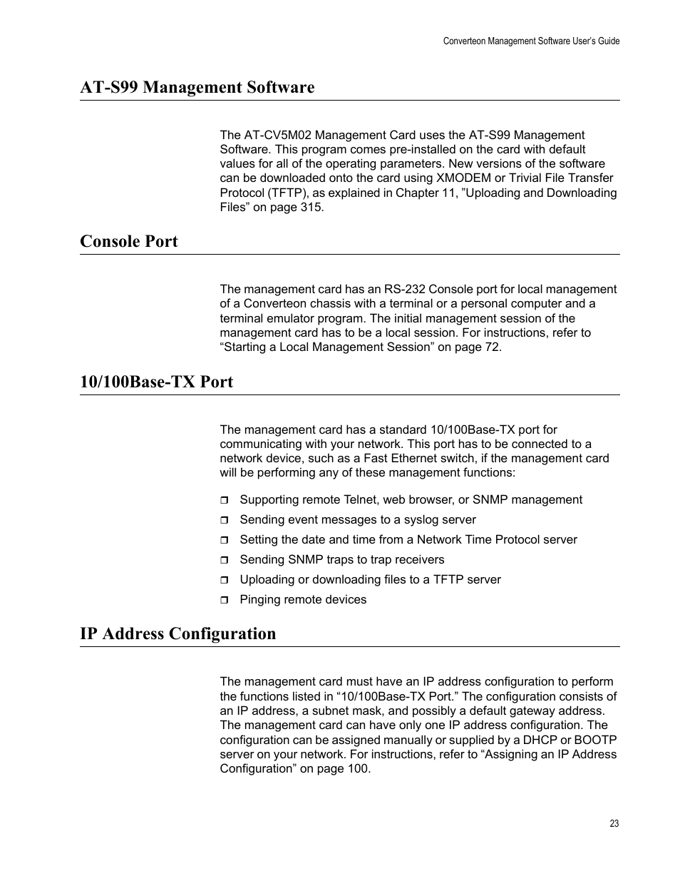 At-s99 management software, Console port, 10/100base-tx port | Ip address configuration | Allied Telesis AT-S102 User Manual | Page 23 / 374