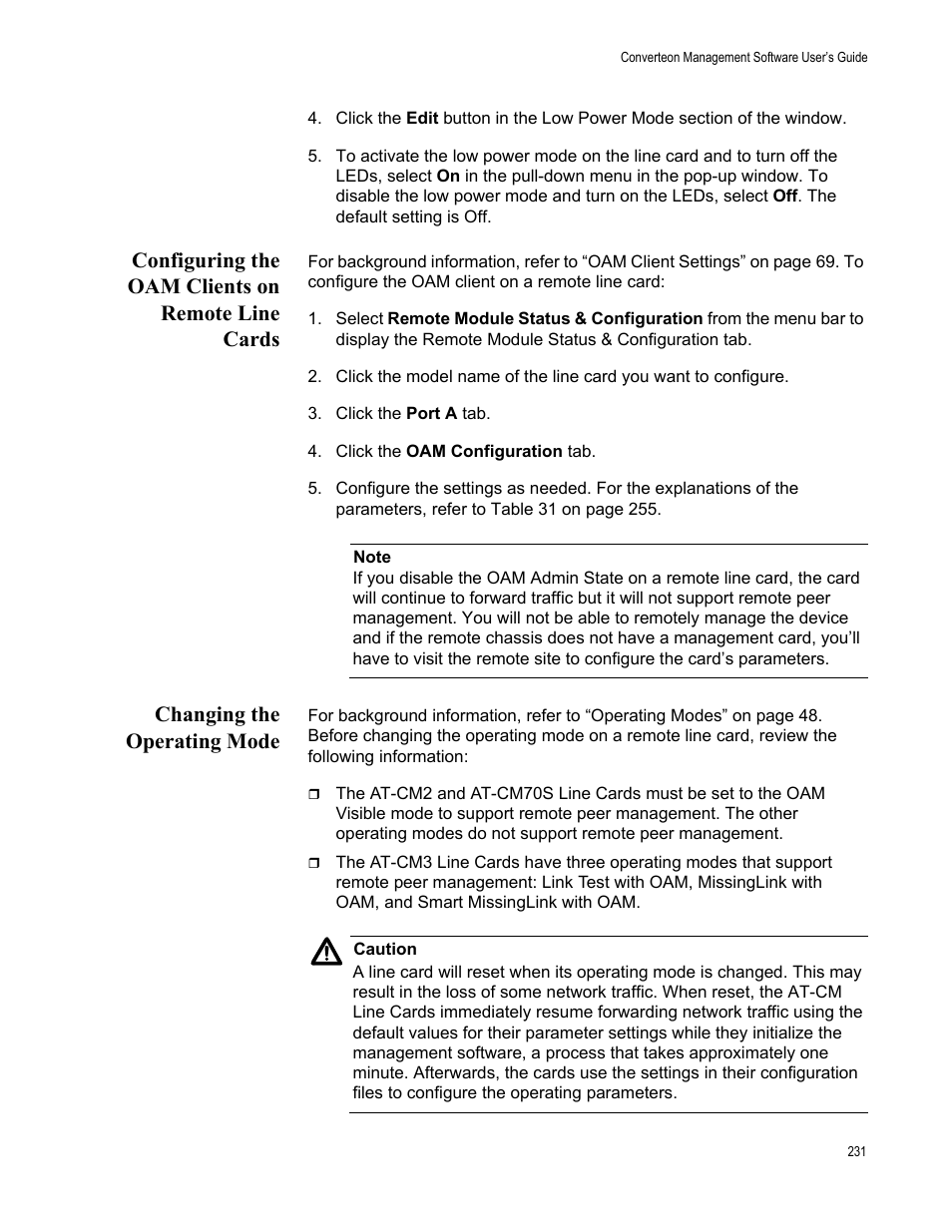 Configuring the oam clients on remote line cards, Changing the operating mode | Allied Telesis AT-S102 User Manual | Page 231 / 374