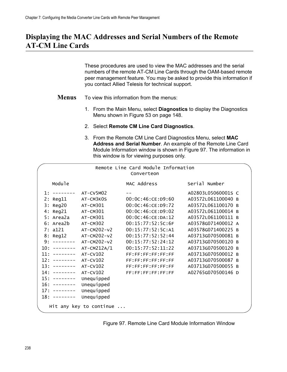 Menus | Allied Telesis AT-S102 User Manual | Page 238 / 374