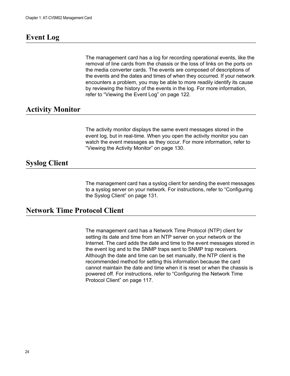 Event log, Activity monitor, Syslog client | Network time protocol client | Allied Telesis AT-S102 User Manual | Page 24 / 374