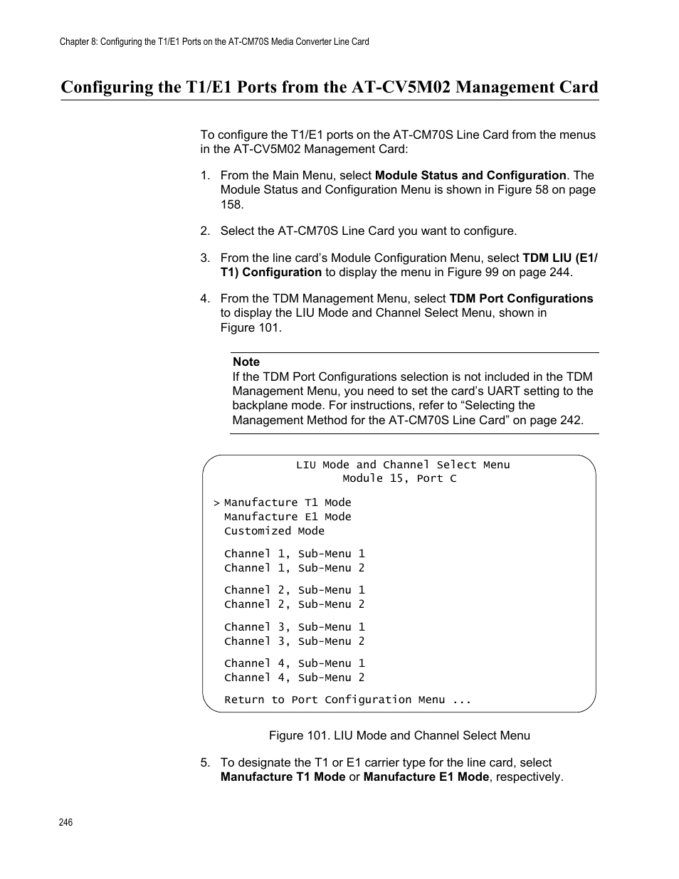 Figure 102. liu mode and channel select menu | Allied Telesis AT-S102 User Manual | Page 246 / 374