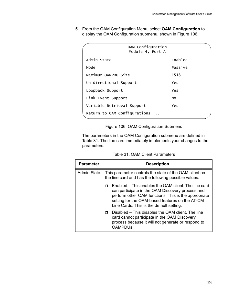 Figure 107. oam configuration submenu, Table 32. oam client parameters, In table 31 on | Allied Telesis AT-S102 User Manual | Page 255 / 374
