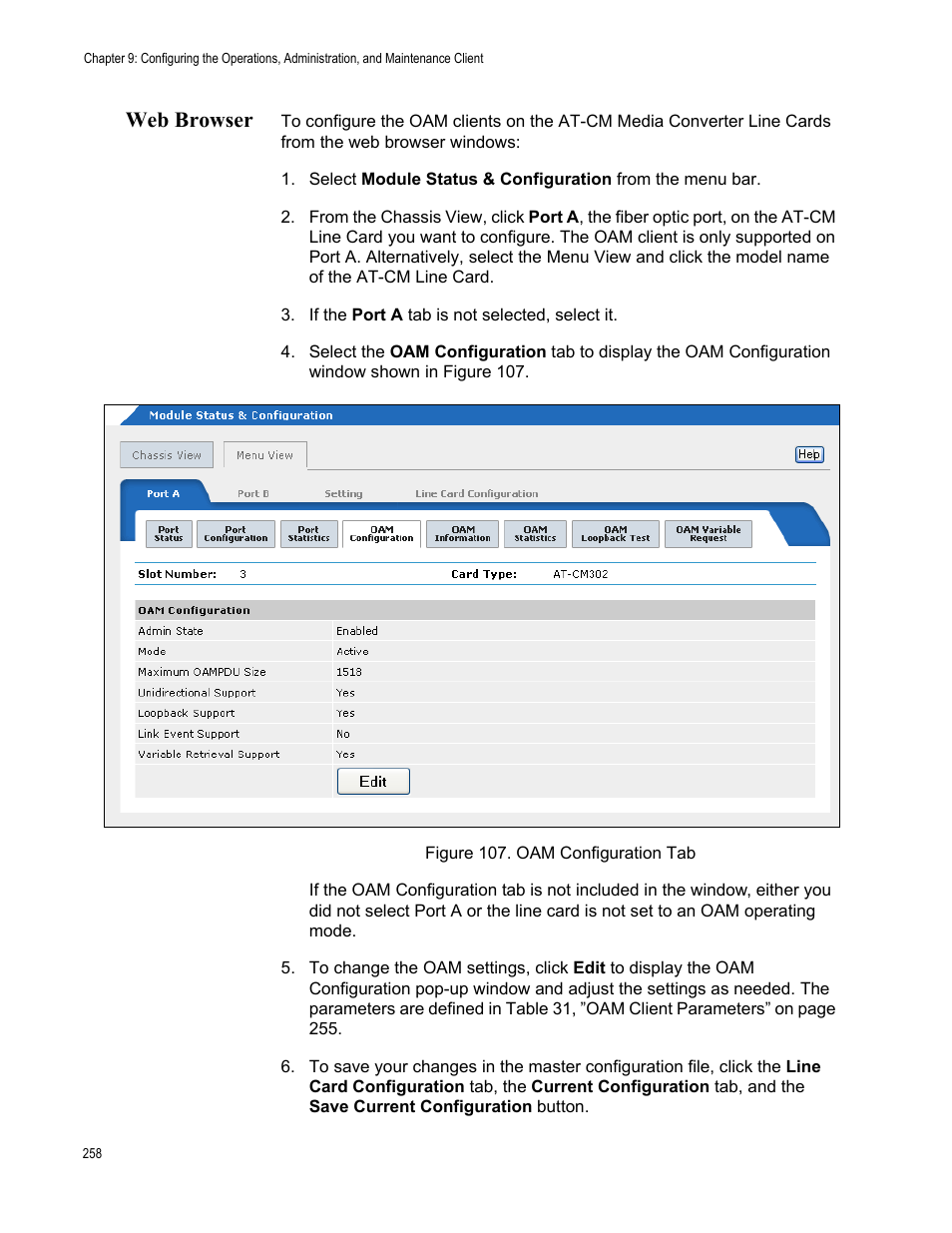 Web browser, Figure 108. oam configuration tab | Allied Telesis AT-S102 User Manual | Page 258 / 374