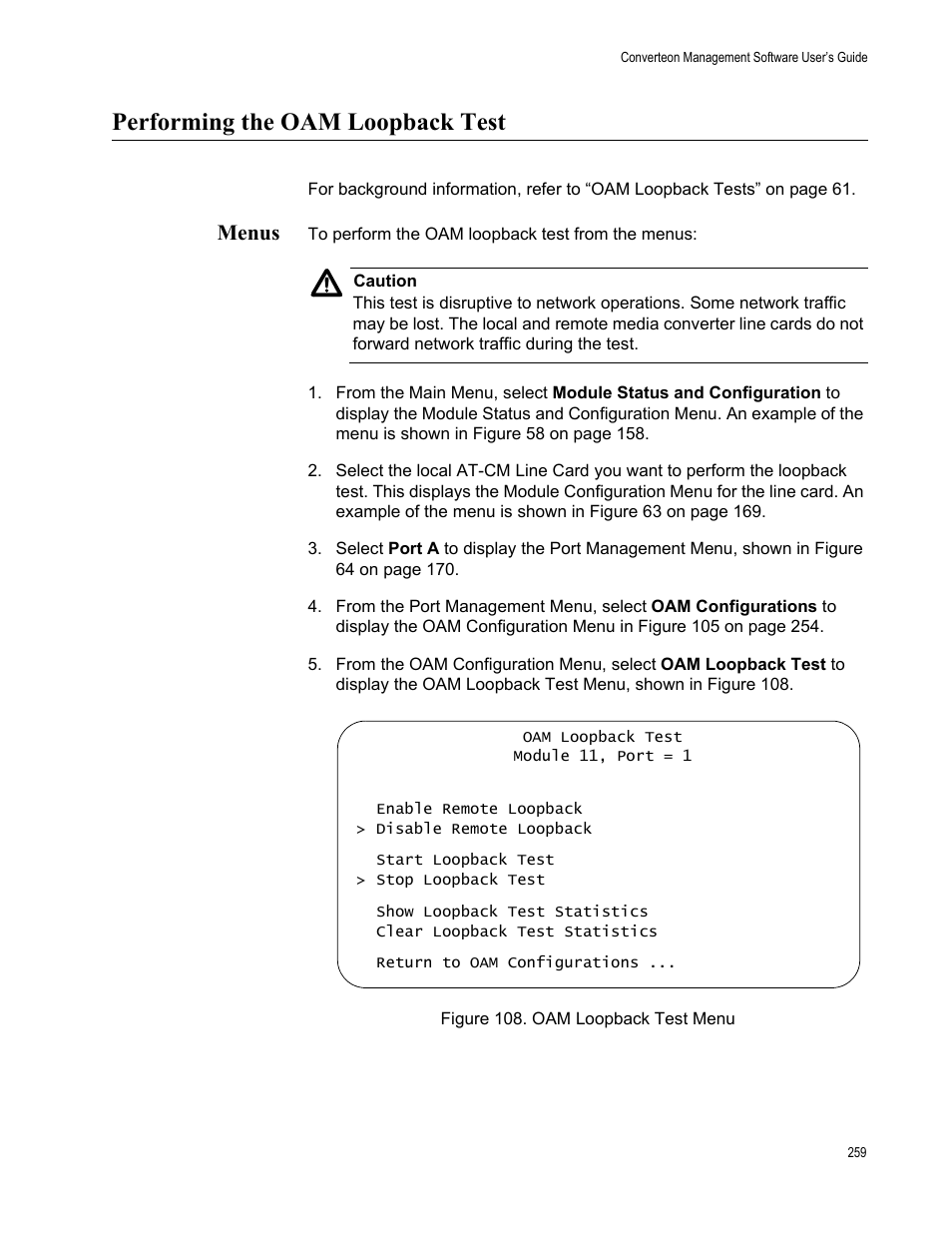 Performing the oam loopback test, Menus, Figure 109. oam loopback test menu | Allied Telesis AT-S102 User Manual | Page 259 / 374