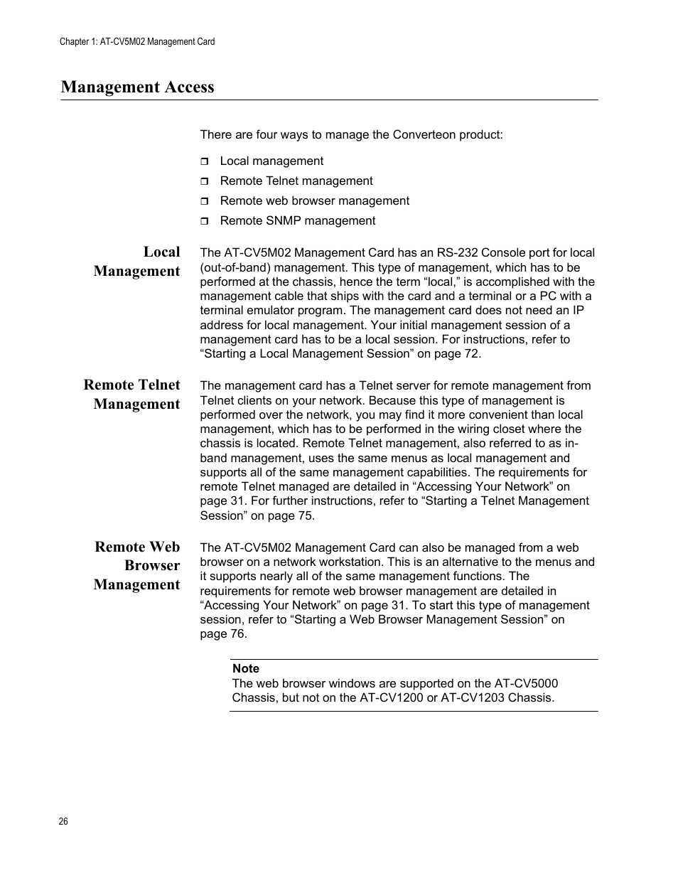 Management access, Local management, Remote telnet management | Remote web browser management | Allied Telesis AT-S102 User Manual | Page 26 / 374