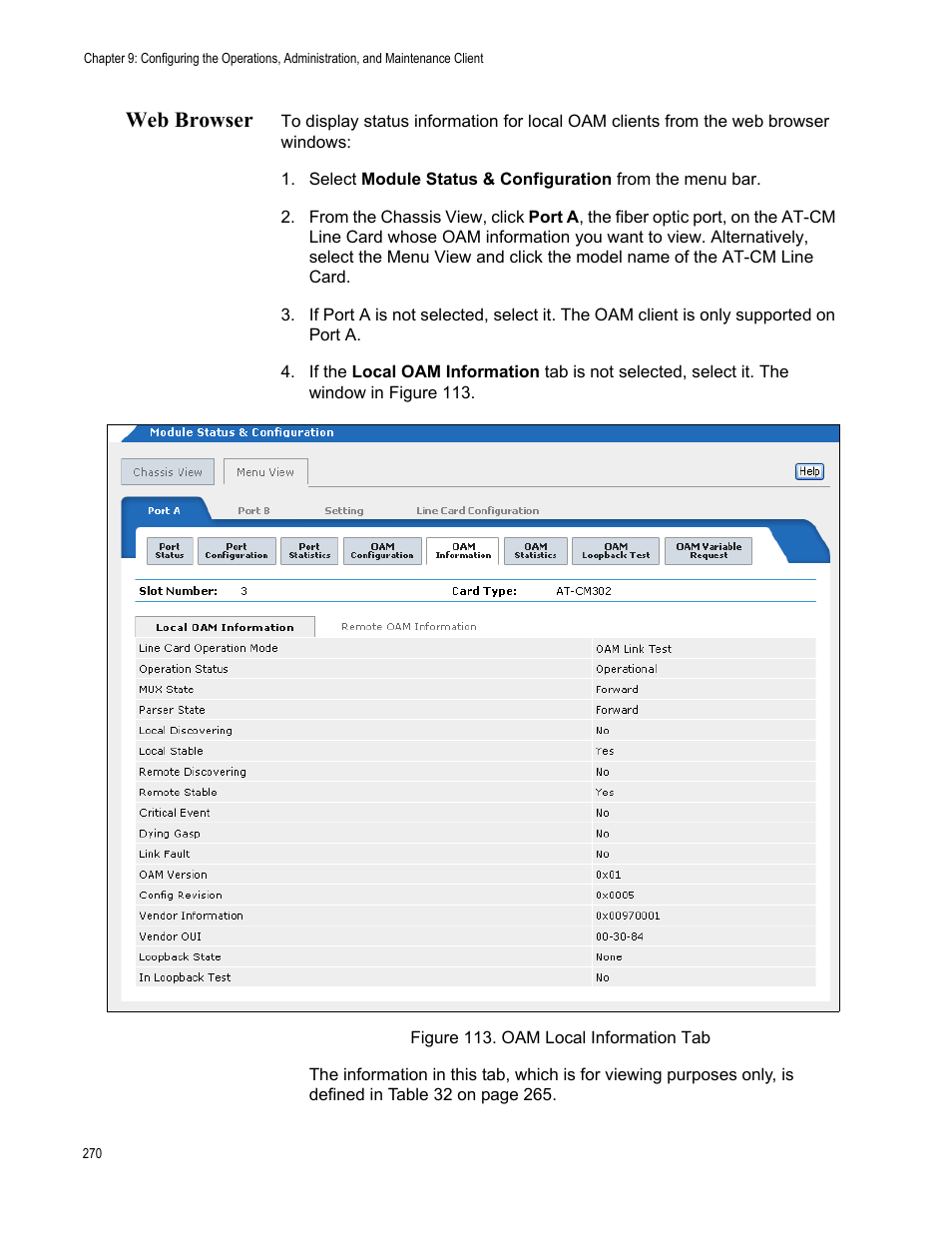 Web browser, Figure 114. oam local information tab | Allied Telesis AT-S102 User Manual | Page 270 / 374