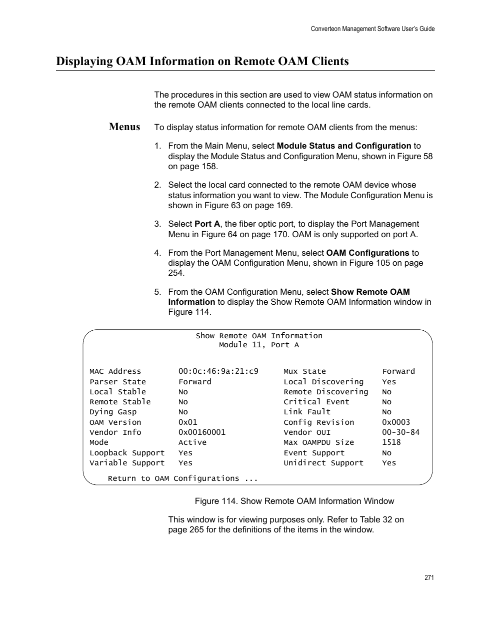 Displaying oam information on remote oam clients, Menus, Figure 115. show remote oam information window | Allied Telesis AT-S102 User Manual | Page 271 / 374