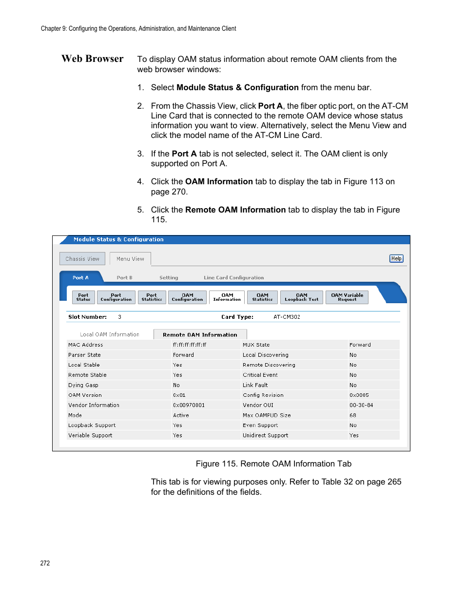 Web browser, Figure 116. remote oam information tab | Allied Telesis AT-S102 User Manual | Page 272 / 374