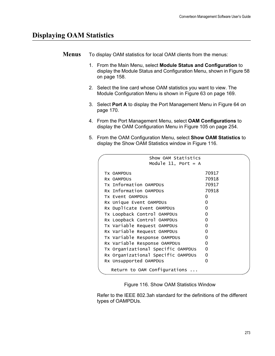 Displaying oam statistics, Menus, Figure 117. show oam statistics window | Allied Telesis AT-S102 User Manual | Page 273 / 374