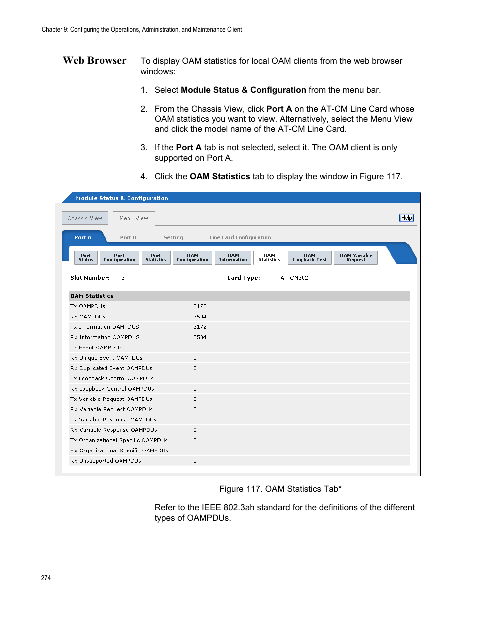 Web browser, Figure 118. oam statistics tab | Allied Telesis AT-S102 User Manual | Page 274 / 374