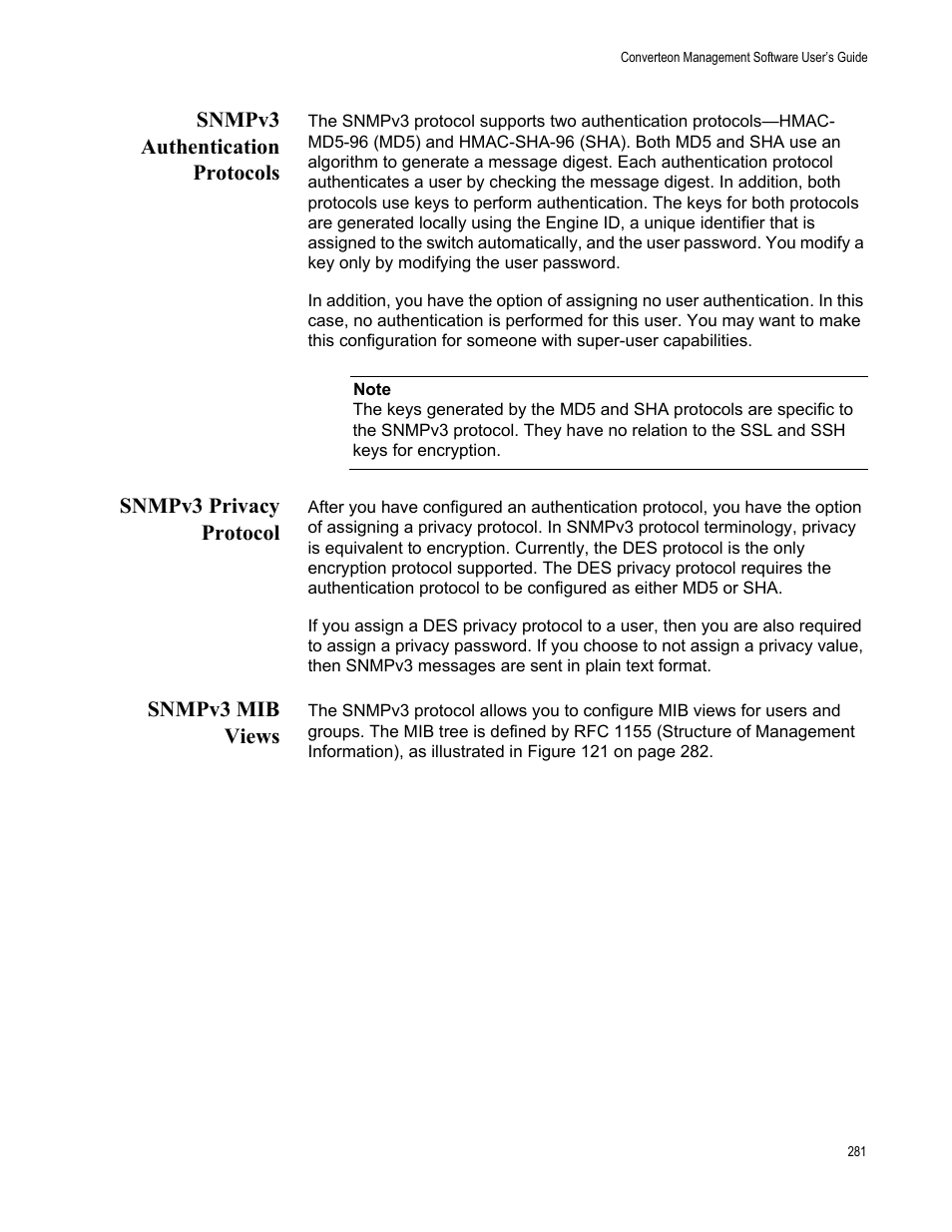 Snmpv3 authentication protocols, Snmpv3 privacy protocol, Snmpv3 mib views | Allied Telesis AT-S102 User Manual | Page 281 / 374