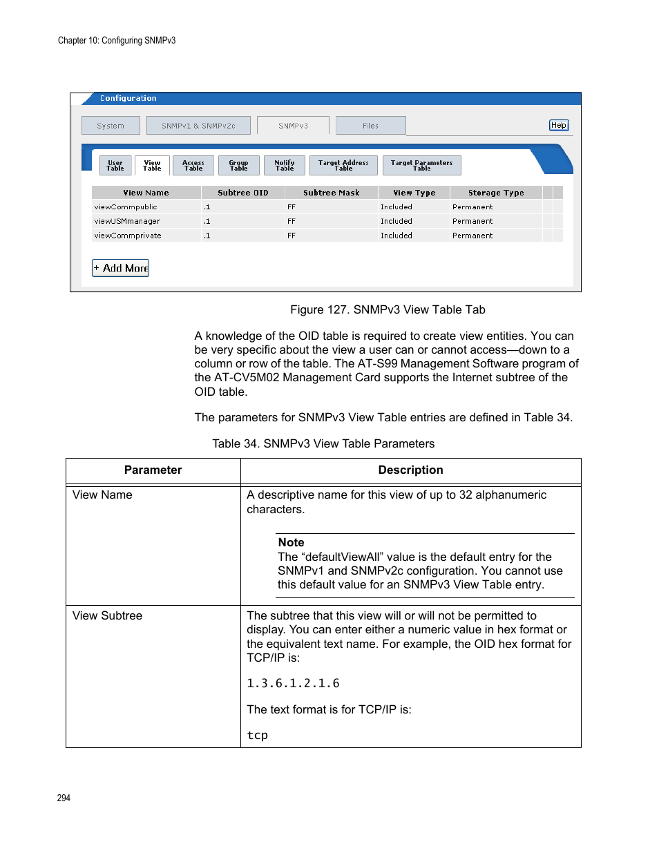 Figure 128. snmpv3 view table tab, Table 35. snmpv3 view table parameters | Allied Telesis AT-S102 User Manual | Page 294 / 374