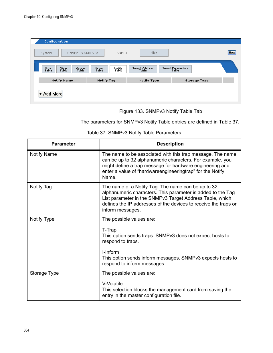 Figure 134. snmpv3 notify table tab, Table 38. snmpv3 notify table parameters | Allied Telesis AT-S102 User Manual | Page 304 / 374