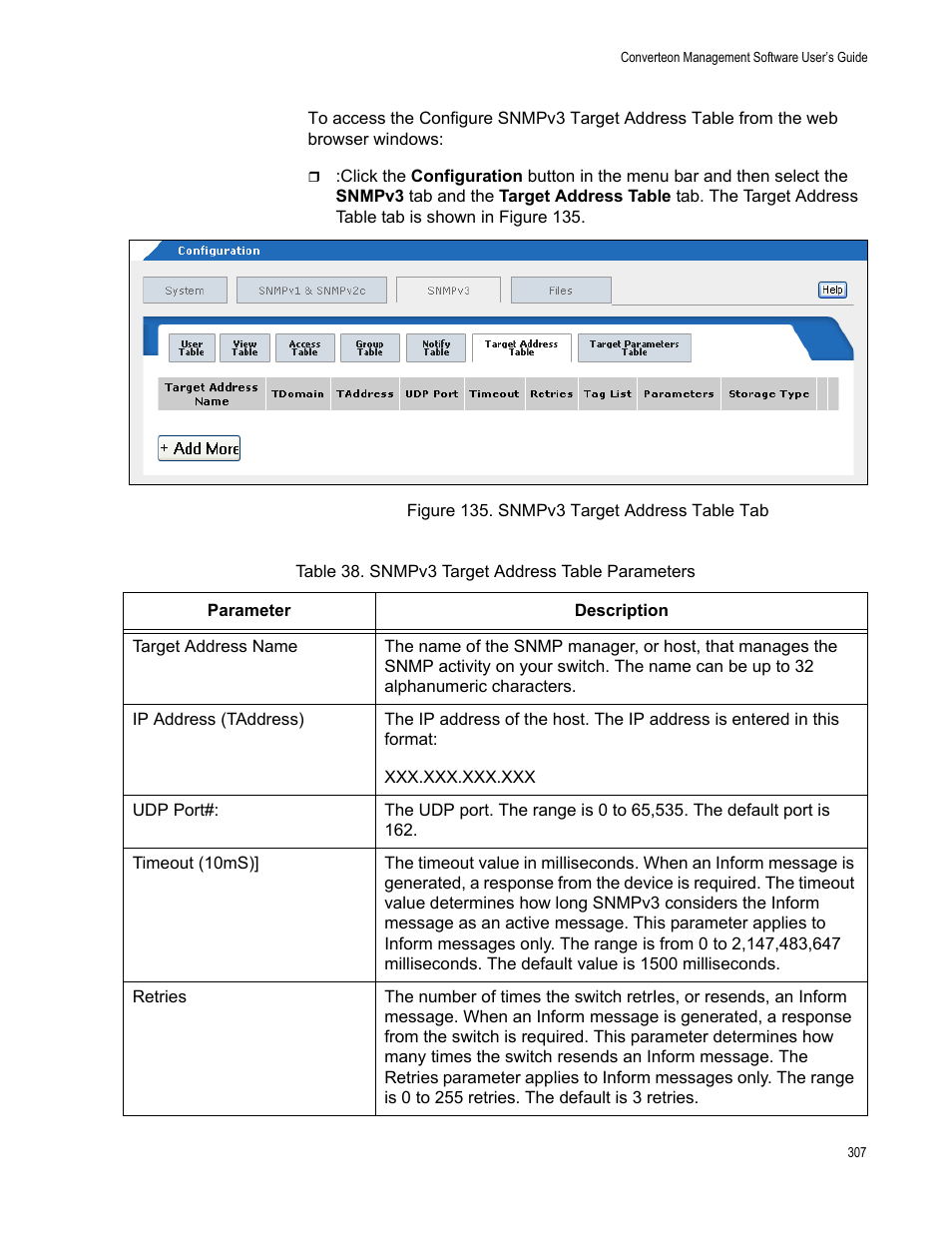 Figure 136. snmpv3 target address table tab, Table 39. snmpv3 target address table parameters | Allied Telesis AT-S102 User Manual | Page 307 / 374