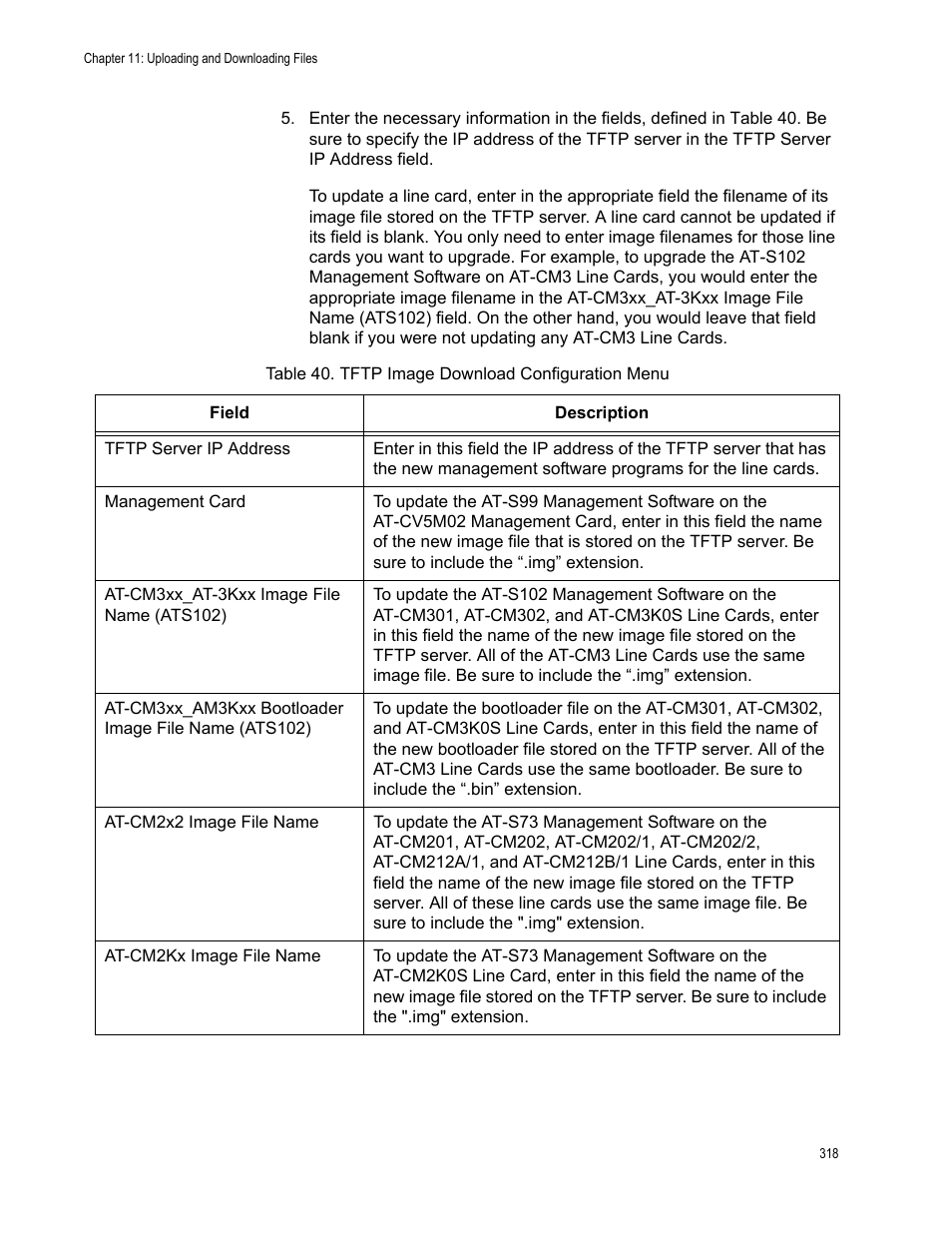 Table 41. tftp image download configuration menu | Allied Telesis AT-S102 User Manual | Page 318 / 374